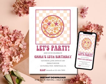 Smiley Face Girl Birthday Party Invitation, Floral/Checkered Birthday Party Invitation 5x7, Text/Email Template,  Instant Download