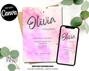 Watercolor Party Invitation 5x7 Template, Text/Email Template, Instant Download