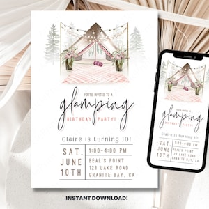 Editable Glamping Party Invitation, Bonfire Party, Outdoor Camping, Camp Out Birthday, Tent birthday, Girl Birthday,  Pink/white invitation