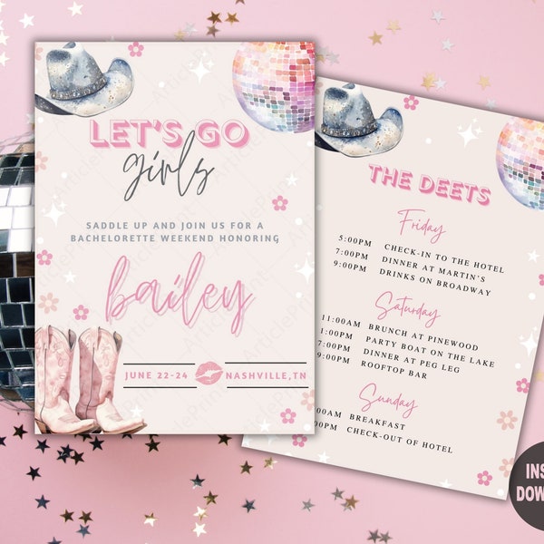Editable Cowgirl Disco Bachelorette Party Invitation and Itinerary Digital Download Template, Instant Download, Nashville Bachelorette Party
