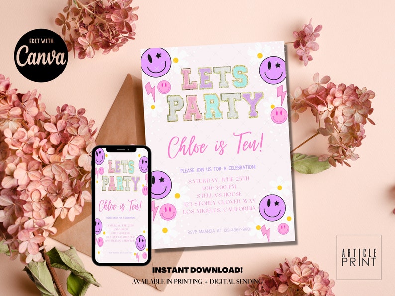 Stoney Clover Inspired Party Invitation, Patch Letter Invitation, Girl Birthday Party Invitation 5x7, Text/Email Template, Instant Download image 3