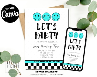 Let's Party Birthday Invitation Boy, Smiley Face, Checkered Invite, Instant Download, Digital Template