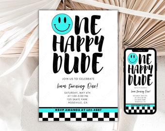 One Happy Dude Birthday Invitation Boy, Smiley Face, Checkered Invite, Instant Download, Digital Template