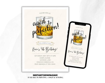 Editable Whiskey Birthday Invitation, Aged to Perfection, Whiskey Party, Old Fashioned Birthday, Cocktail Party, Surprise Party, 50th, 40th