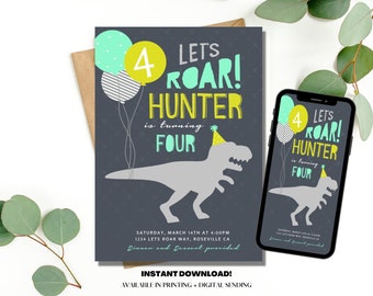 Dinosaur Let's Roar Birthday Invitation, Boy Invitation 5x7 Template, Text/Email Template, Instant Download
