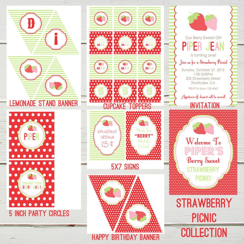 Strawberry Picnic Party Printables Shop Collection Etsy