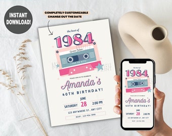 Editable Cassette tape Birthday Invitation, Top Hits birthday Invitation, 5x7 or Text/Email Invitation, Instant Download