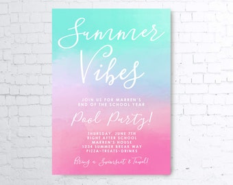 Pink Purple Teal Mint Gradient Ombre Watercolor Summer Pool Party Invite Invitation