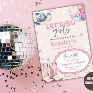 Pink Disco Cowgirl Birthday Party Invitation Template, Rodeo Birthday, Girl Birthday Party, Let's Go Girls, Instant Download