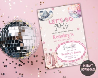 Pink Disco Cowgirl Birthday Party Invitation Template, Rodeo Birthday, Girl Birthday Party, Let's Go Girls, Instant Download