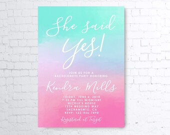 Pink Purple Teal Mint Gradient Ombre Watercolor Bridal Shower She Said Yes Invite Invitation
