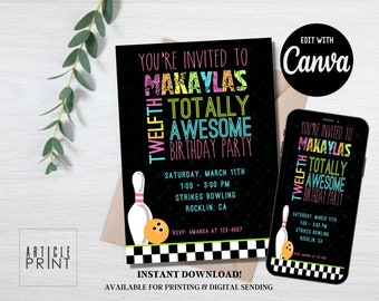 Neon Disco, Bowling Party 5x7 Invitation + Text/Email Template, Instant Download