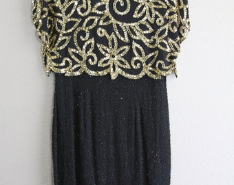 gorgeous black and gold vintage beaded dress-DEADSTOCK with 350 price tag- SALE