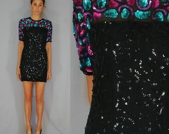 black beaded and sequin silk party dress with colorful sequin design and mesh detail- SALE