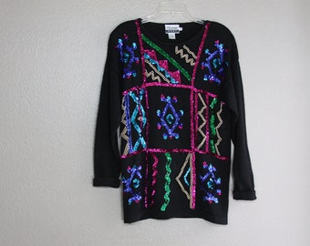 black holiday hipster sweater with bold sequin & beaded design- ON SALE