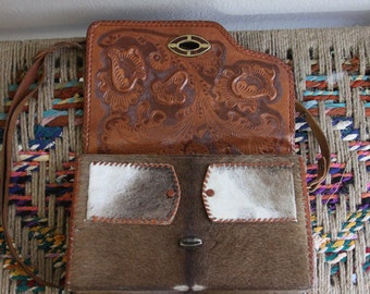 Brown tooled leather & deer fur reversible bag- panther headdress indian design- RARE OOAK