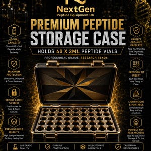 May include: A black and gold storage case for 40 x 3ml peptide vials. The case features a precision fit insert, dual latch system, and text reading NextGen Peptide Equipment UK, Premium Peptide Storage Case, and Research Use Only.