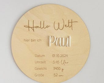 Plaque nominative de naissance en bois avec nom en acrylique, cadeau de naissance, bébé est là, bonjour le monde