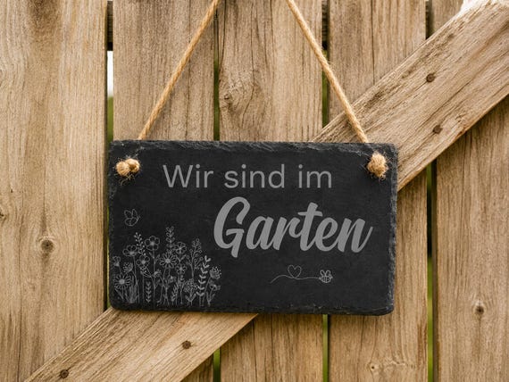 Schiefer Gartenschild mit Gravur | Gartendeko mit Kordel | Geschenk für Gartenfreunde | Blumenliebhaber | Garten Schild