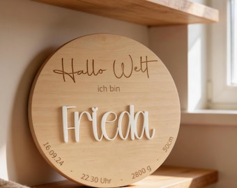 Panneau en bois personnalisé « Bonjour le monde » avec prénom en acrylique | Panneau d'annonce de naissance | Panneau de bienvenue | Cadeau de baptême