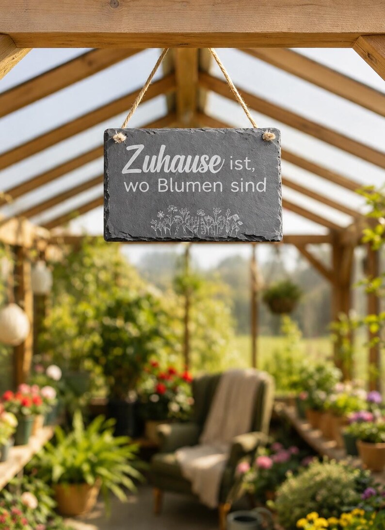 Peut inclure: Une plaque rectangulaire en ardoise gris fonc&eacute; suspendue par une corde en jute. La plaque pr&eacute;sente un texte blanc indiquant "Zuhause ist, wo Blumen sind" au-dessus d'une illustration au trait blanc de fleurs sauvages et d'un arrosoir.