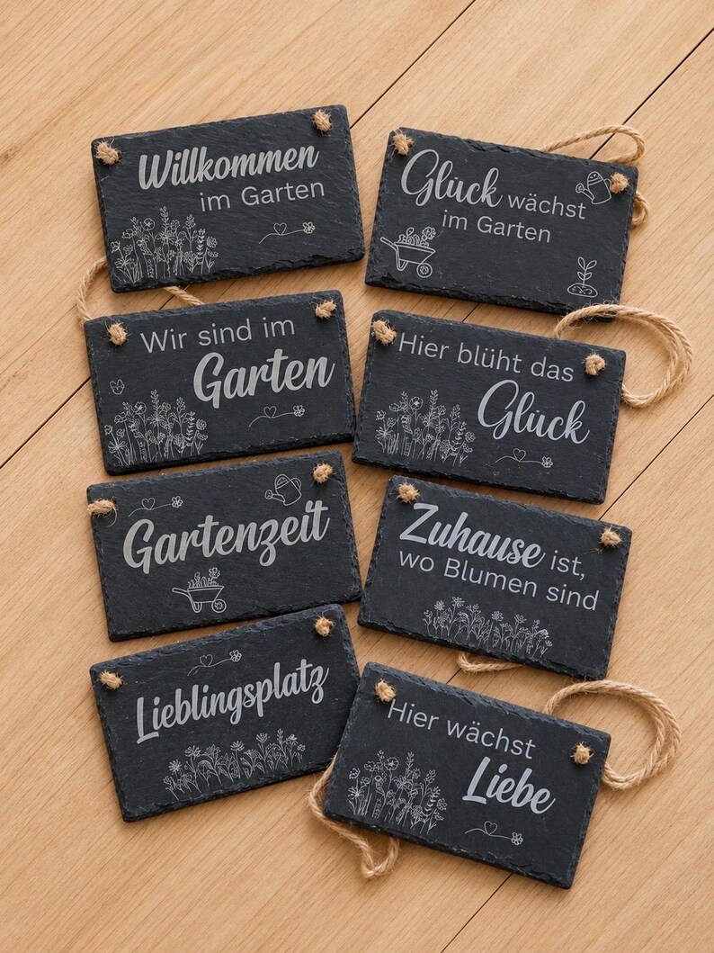 Peut inclure: Huit plaques rectangulaires en ardoise aux bords irr&eacute;guliers, chacune orn&eacute;e de textes allemands grav&eacute;s en blanc et d'illustrations botaniques. Les plaques portent des phrases comme Willkommen im Garten et Liebe, fix&eacute;es par des cordes en jute.