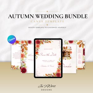 Könnte beinhalten: Ein Herbst-Hochzeits-Bundle Canva-Template mit digitalen Papeterie-Designs, verziert mit Aquarell-Illustrationen von roten Dahlien, orangefarbenen Blättern und Eicheln. Das Tablet zeigt eine Save-the-Date-Karte mit eleganter Schrift.