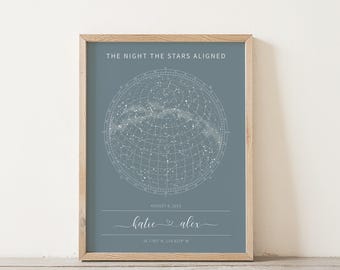 May include: A framed print with a blue-gray background features a star map. The text "THE NIGHT THE STARS ALIGNED" is at the top. Below the star map are the names "katie & alex", the date "AUGUST 8, 2023", and coordinates.