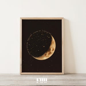 May include: A framed print featuring a crescent moon illustration against a dark background. The moon is a warm, golden color with visible craters. Text encircles the moon, with names and a date. The frame is a light wood color.