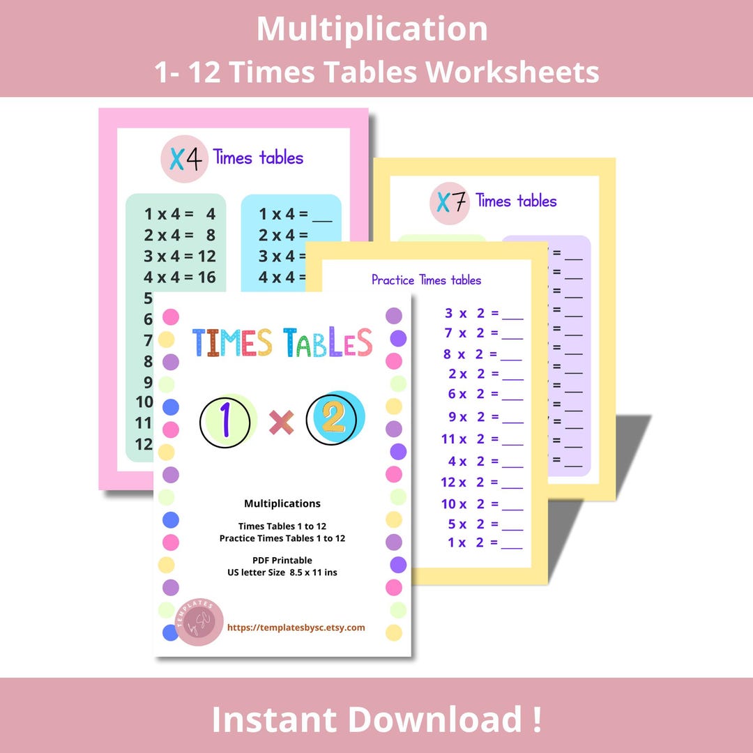 Times Table Practice Worksheets Multiplication 1 to 12, Printable PDF ...