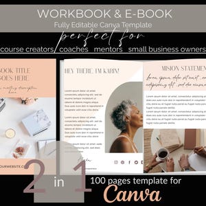 Könnte beinhalten: Eine digitale Arbeitsbuch- und E-Book-Vorlage für Canva mit Pfirsich- und Weiß-Design. Die Vorlage ist für Kursentwickler, Coaches, Mentoren und Kleinunternehmer konzipiert. Das Bild enthält den Text "Workbook & E-Book" und "100 pages template for Canva."