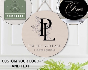 Custom Logo and Text Wood Sign, Personalized Business Door Hanger, Round Hanging Small Office Sign, Outdoor Custom Sign, Company Wall Decor