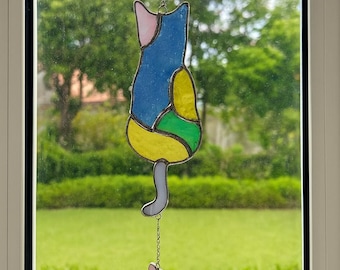 Stained Glass Cat Suncatcher – Handmade Cat Lover Gift, Colorful Window Hanging, Rainbow Glass Cat Decor