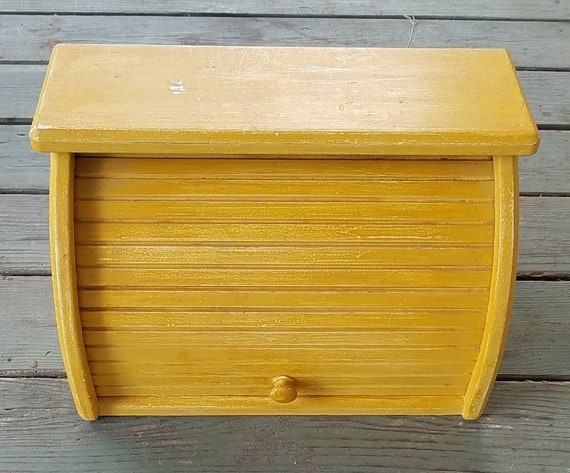 Vintage Wood Bread Box Roll Up Door Shelf Top Wooden 16 Wide Shabby Chic Yellow