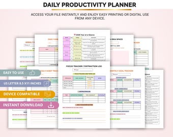 Planner di produttività giornaliera – Modello di gestione del tempo / Organizzatore per la definizione di obiettivi e concentrazione / Planner di pianificazione stampabile in formato PDF