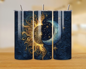 Diseño de sublimación para vaso térmico Sol y Luna Celestial / Vaso térmico delgado de 20 oz / PNG místico azul / Diseño de diosa lunar / Descarga digital