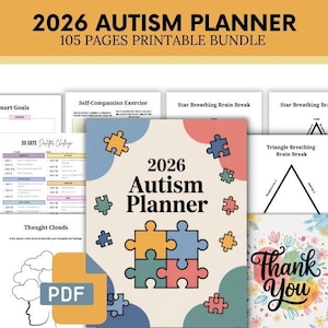 Puede incluir: Un paquete imprimible de 105 páginas del Planificador de Autismo 2026. La portada presenta un diseño de rompecabezas con el título. Incluye páginas para objetivos inteligentes, autocompasión y descansos cerebrales. También se incluye un archivo PDF.