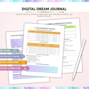 Può includere: Diario dei sogni digitale con pagine per i trigger dei sogni, il tracker dei sogni lucidi e il dizionario dei simboli. Il diario è in formato US Letter 8,5 x 11 pollici e compatibile con i dispositivi. Include uno stilo bianco. Il testo sull'immagine dice "Download istantaneo".