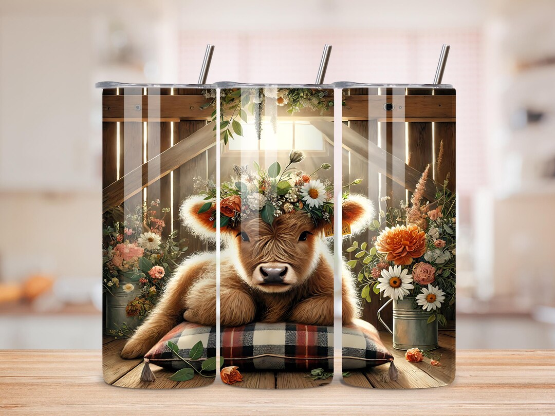 Highland Cow Floral Tumbler Wrap | Rustic Barn 20oz Skinny Tumbler PNG ...