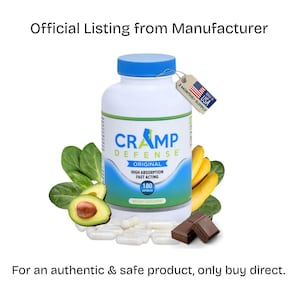 May include: A white bottle of Cramp Defense dietary supplement with a blue lid and label. The label reads "Cramp Defense Original" with "High Absorption Fast Acting" text. The image includes capsules, avocado, bananas, and chocolate.