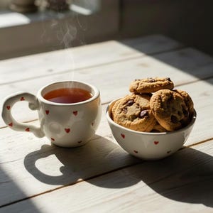 Puede incluir: Una taza de cerámica blanca con detalles de corazones rojos, llena de té, junto a un cuenco de galletas con pepitas de chocolate. Sale vapor de la taza. Los objetos están sobre una superficie de madera clara.