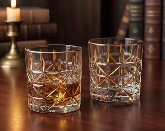 Gold Rim Whiskey Glasses - Art Deco Old Fashioned Tumblers - Groomsmen Gift Set - Vintage Home Bar Decor