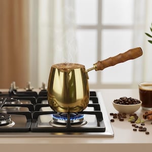 May include: A gold-colored coffee pot with a wooden handle is heated on a gas stove. Steam rises from the coffee. A cup of coffee, coffee beans, and spices are nearby. The pot is approximately 6 inches tall.