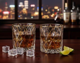 Art Deco Gold Rim Whiskey Glasses (10 oz) | Geometric Crystal Rocks Glass Set - Luxury Old Fashioned Tumblers for Scotch Groomsmen Gift