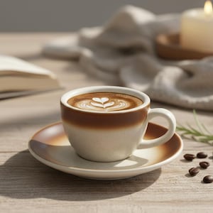 Puede incluir: Un capuchino en una taza y platillo de cerámica moteada con un degradado marrón. El café tiene un diseño de arte latte en forma de corazón. Granos de café y una vela encendida en el fondo sugieren un ambiente acogedor y relajante.