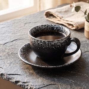 May include: A black ceramic coffee cup and matching saucer featuring a white speckled splatter pattern. The cup is filled with dark liquid and has a curved handle. The set is designed with a smooth finish and a rounded shape for serving hot beverages.