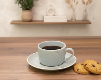 Speckled Blue Grey Ceramic Cup and Saucer | 7oz Stoneware Cappuccino Mug | Modern Farmhouse Coffee Set | Minimalist Hygge Tea Cup Gift