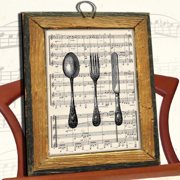 Victorian UTENSILS Place Setting Knife Fork Spoon art print over an upcycled vintage sheet music page Buy 3 get 1 Free