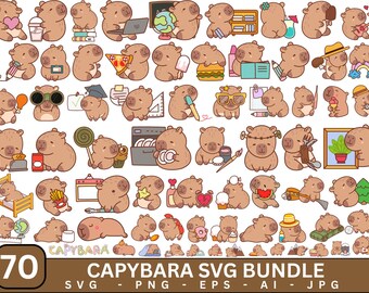 Lindo paquete de imágenes prediseñadas SVG de carpincho, ilustraciones de animales (descarga digital)
