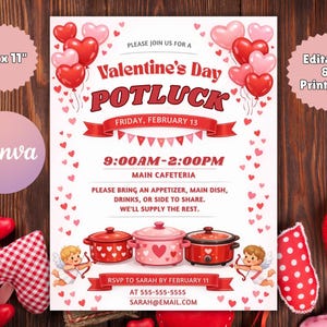 Może przedstawiać: Zaproszenie na Walentynkowy Potluck, 21,6 x 27,9 cm, z czerwonymi i różowymi balonami w kształcie serca i tekstem. Zawiera baner z napisem "Piątek, 13 lutego". Zawiera szczegóły potlucku i informacje RSVP.
